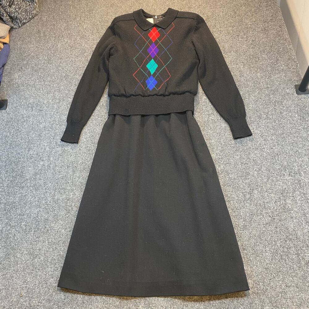 Vintage B Altman Womens 6 Argyle Black Pure Wool Long Sleeve Knit Sweater Dress